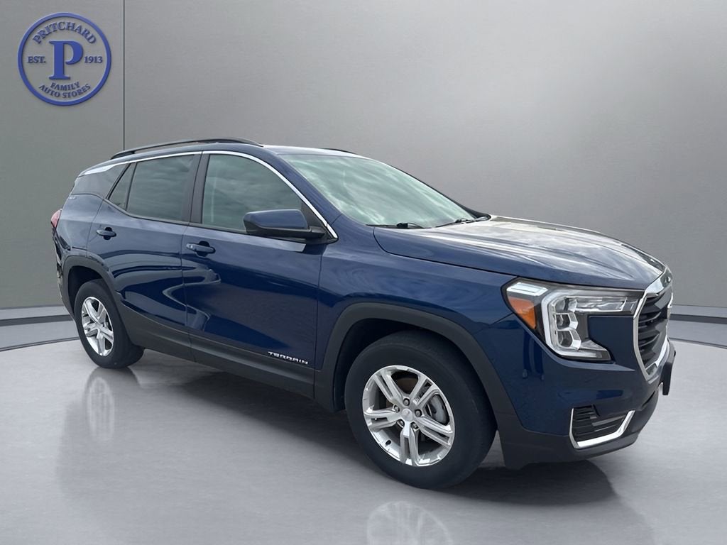 2022 GMC Terrain SLE in Marine Metallic — front three-quarter view